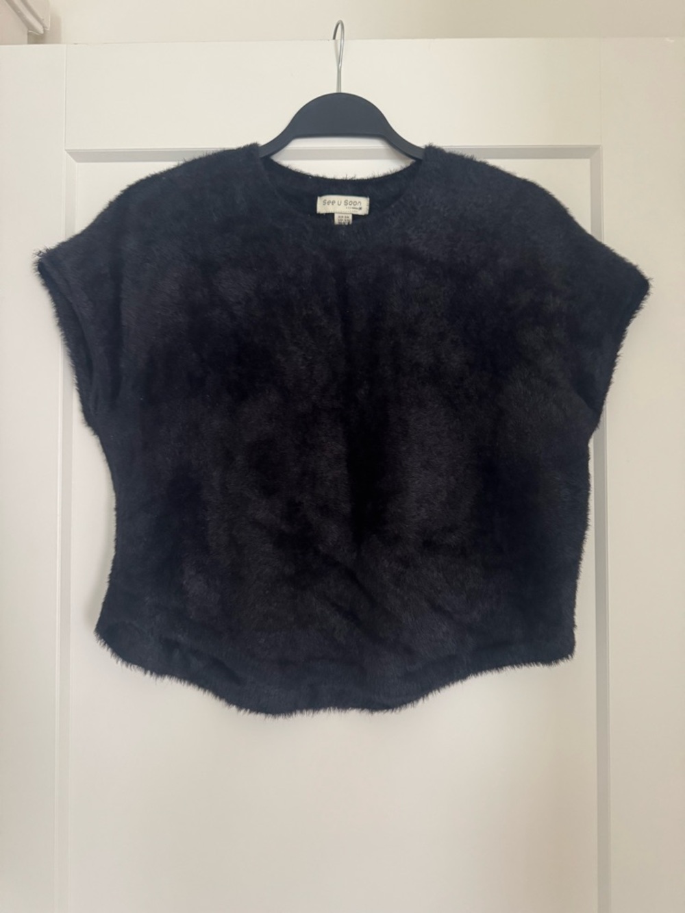 Sea U Soon Black Fuzzy Short Sleeve Top